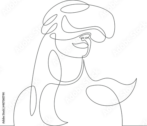 Woman wearing virtual reality glasses. Young woman is experiencing virtual reality through a VR headset.One continuous line .One continuous drawing line logo isolated minimal illustration.