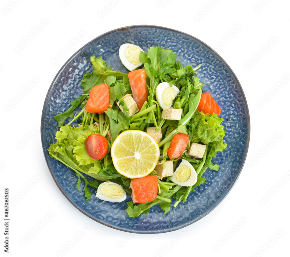 Tasty salad with salmon and fresh vegetables on white background Tasty salad with salmon and fresh vegetables on white background