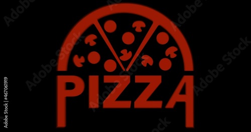 animated lettering pizza logo with tomatoes, mushrooms and sausages