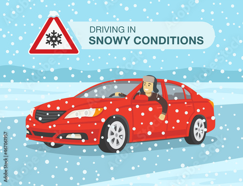 Winter driving tips and rules. Young driver is driving sedan car through the snowy highway and looking from the open window. Character looks out the front window. Flat vector illustration template.