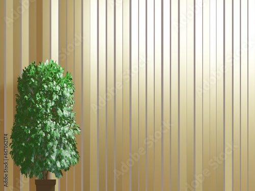 木製またはベージュか金のブラインドイメージした縦垂直線と観葉植物の3dレンダリング
