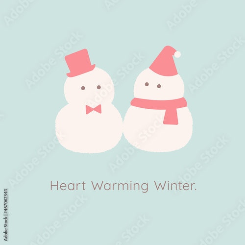 雪だるまと文字「Heart warming winter」
