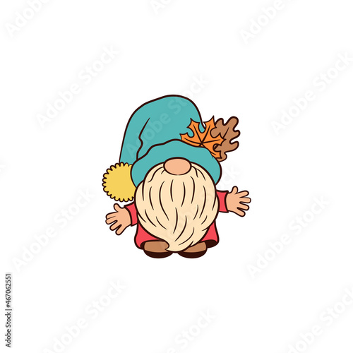 Cute gnome with fall leaves. Autumn hugs clipart. Cartoon character gnome Scandinavian elf tomte. Children baby style colorful vector illustrations. Funny Thanksgiving print graphic design.