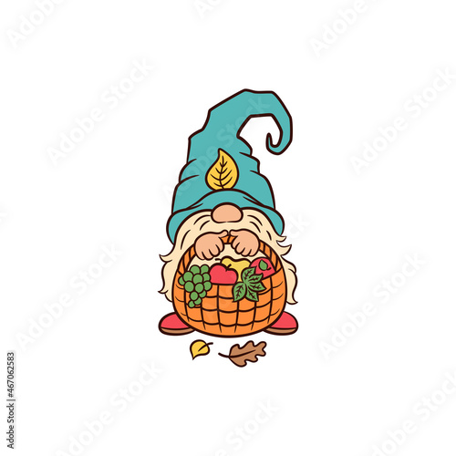 Cute gnome with a basket of fruit. Thanksgiving greeting design. Swedish gnome funny hat vector illustration. Fall leaves. Autumn harvest thanksgiving day graphics. Nordic elf tomte character.