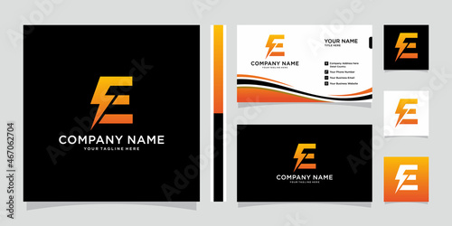 Initial E Letter with Lightning Bolt Logo Vector Design with business card design.