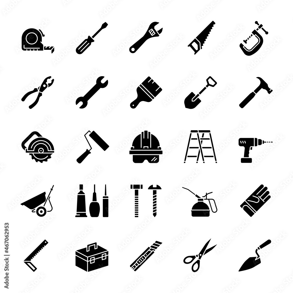 Obraz premium Work tool, hardware, equipment, icon set, vector illustration. 