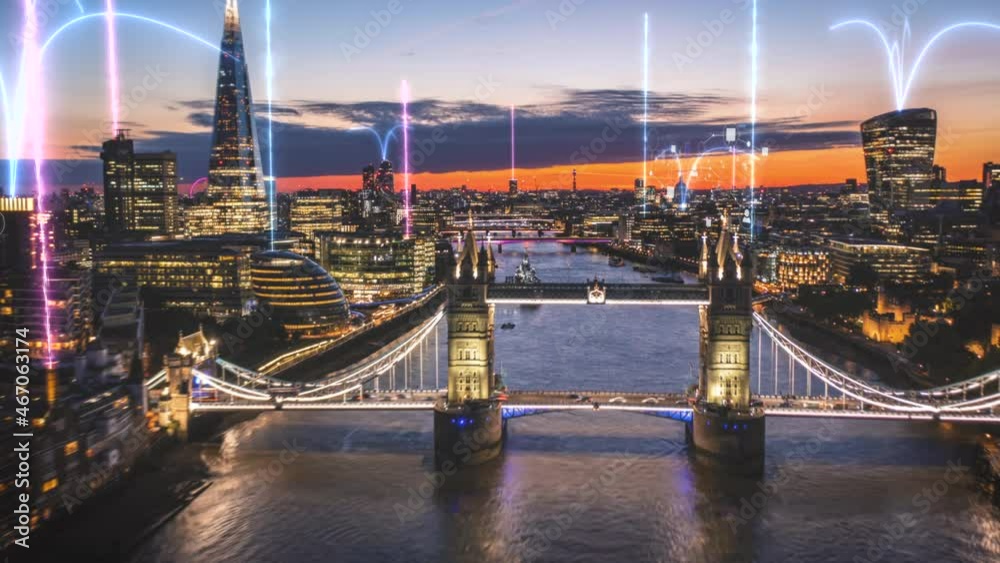 Technological city of London, with rays and Icons - 3d hyperlapse visualization