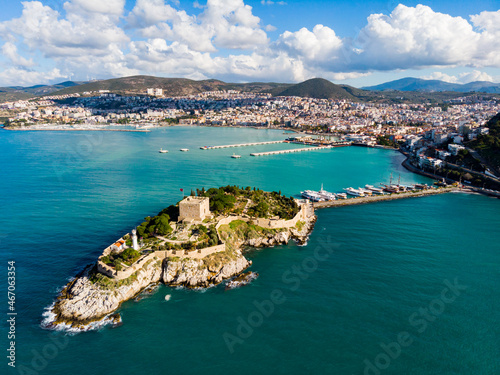 View from drone of Pigeon Island with medieval fort on Turkey's Aegean coast in Kusadasi. High quality photo