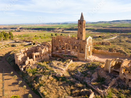 Aerial view of ruins of old historic Spanish village Belchite in province of Zaragoza.. photo
