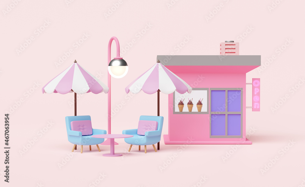 shop store cafe with ice cream showcases or fridge,coffee table, umbrella isolated on pink background,3d illustration or 3d render shop store cafe with ice cream showcases or fridge,coffee table, umbrella isolated on pink background,3d illustration or 3d render