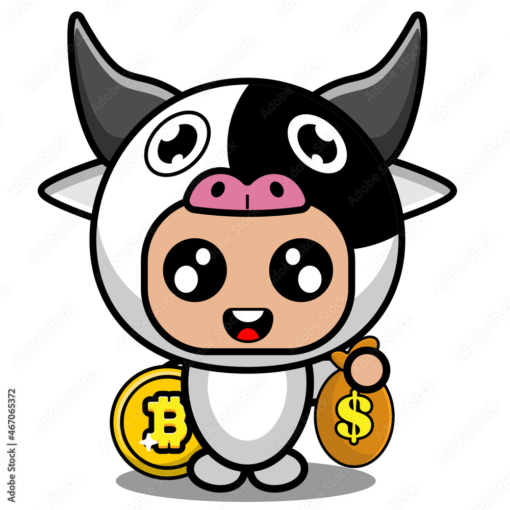vector cartoon character cute cow animal mascot costume bitcoin bag