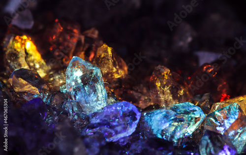 Crystal healing beautiful quartz gem stone. Iridescent natural geometric crystals.