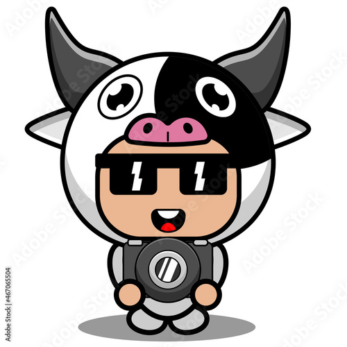 vector cartoon character cute cow animal mascot costume holding camera