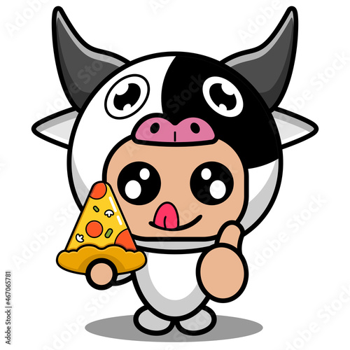 vector cartoon character cute cow animal mascot costume holding triangle pizza