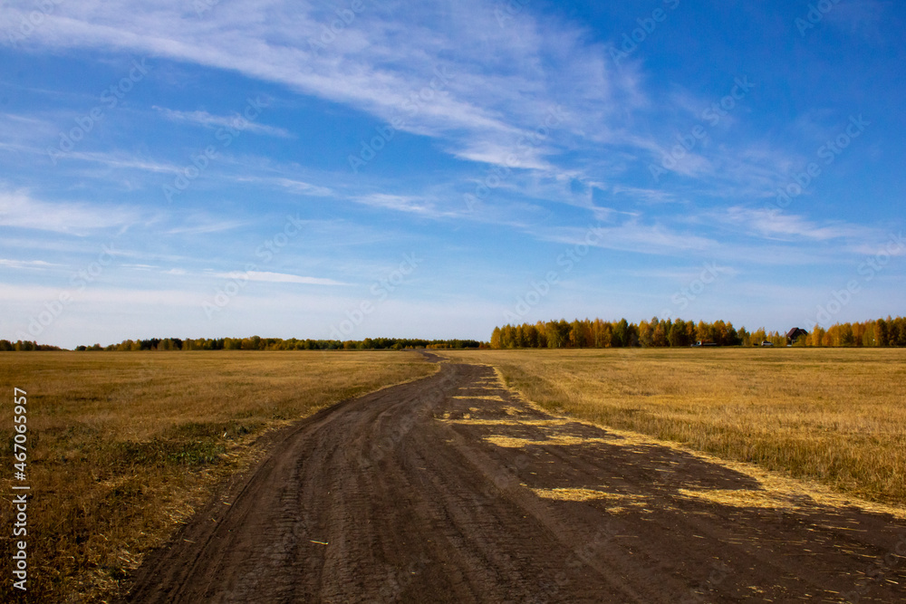Autumn roads in the Urals in Russia. The road through the autumn thickets in early autumn in Russia