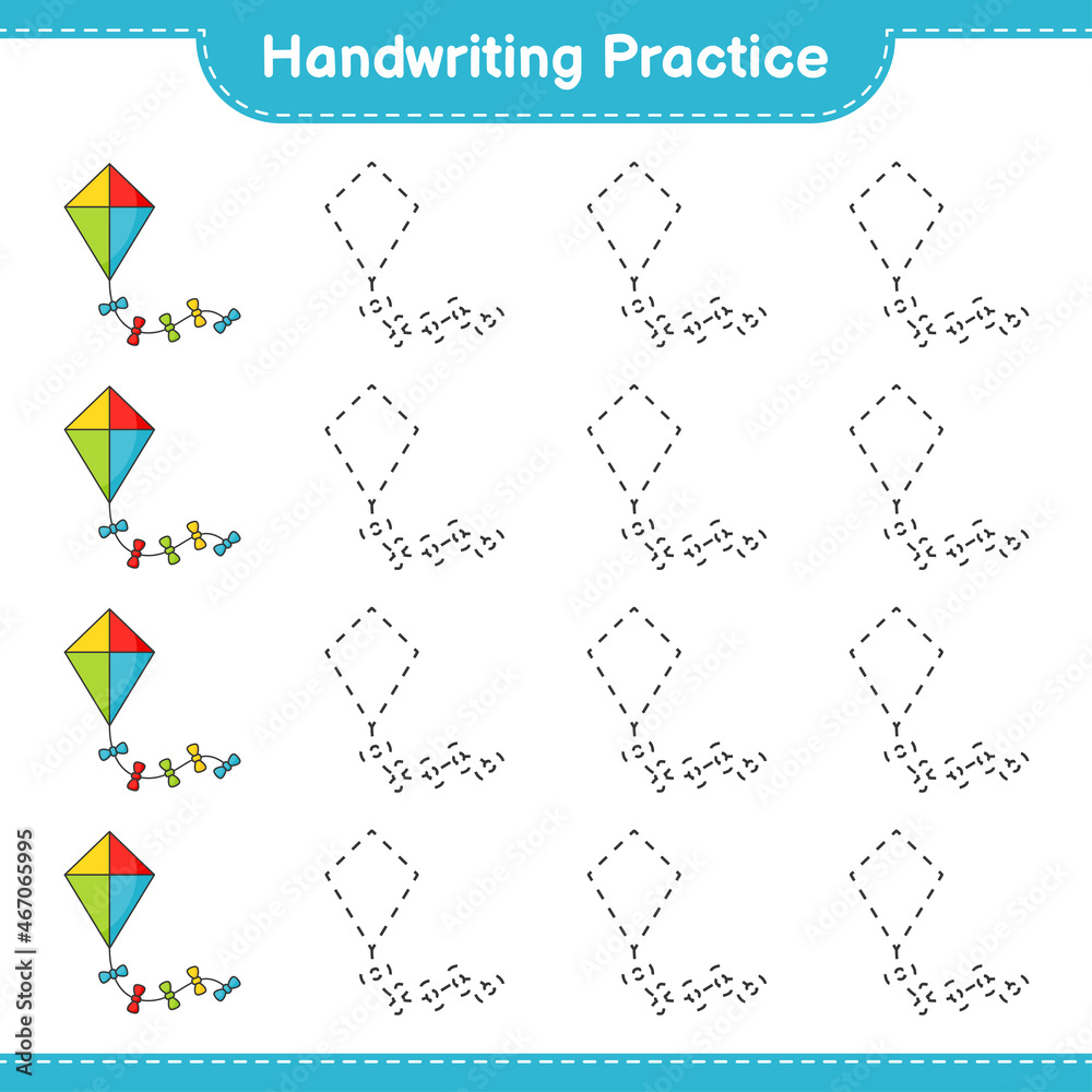Handwriting practice. Tracing lines of Kite. Educational children game, printable worksheet, vector illustration