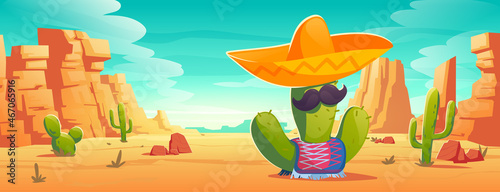Mexican cactus with mustaches in sombrero and poncho at desert landscape. Viva Mexico or cinco de mayo party, traditional Latin holiday or fiesta celebration symbol, Cartoon vector illustration