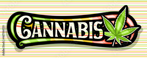 Vector banner for Cannabis, horizontal sign board with illustration of cannabis leaf and colorful decorative flourishes, add voucher with unique brush lettering for word cannabis on striped background