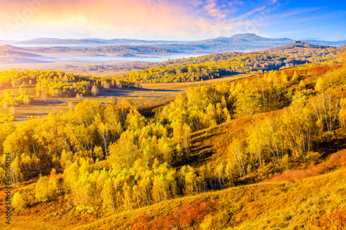 Colorful forest and mountain natural landscape in autumn.Beautiful autumn scenery in the Ulan Butong grassland,Inner Mongolia,China.