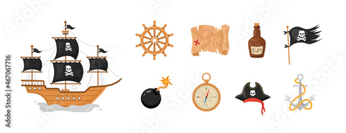 Pirate collection. Ship, flag, hat, map, anchor, compass. Piracy items isolated on white background. Childish vector illustration in flat cartoon style.