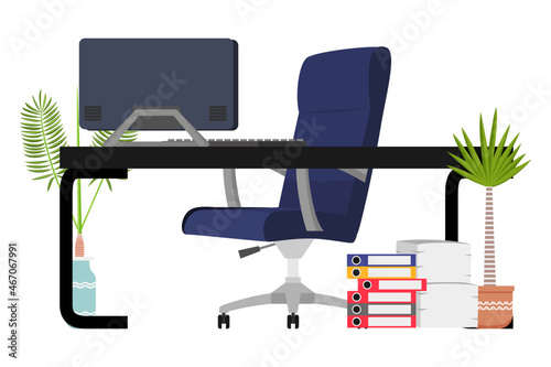 Modern Office home freelance desk with modern table chair pc computer and house plants some paper pile file folder