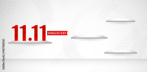 illustration of an floating shelves background with a light, 11.11 online sale sign and label. applicable for online shop sign, poster, flyer, social media banner, label promotion in store