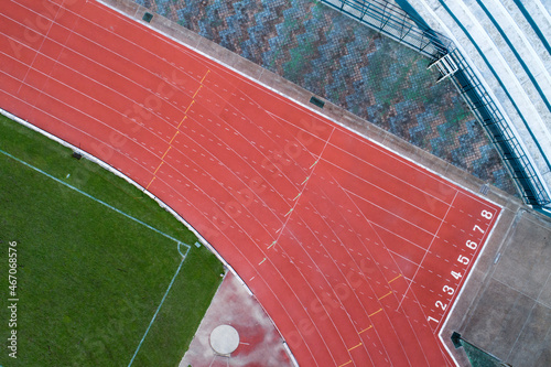 Aerial view of Running track start line with number in top view