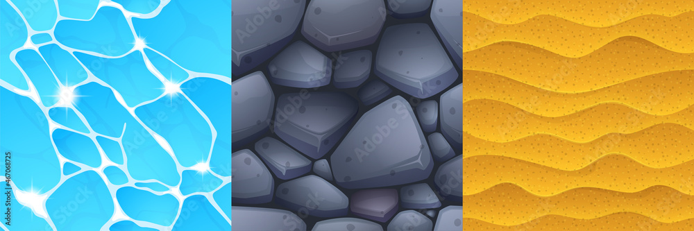 Game textures of water, stones and sand seamless patterns top view ...
