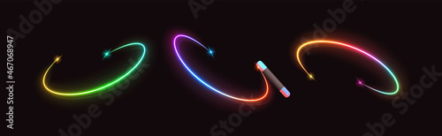 The magic wand waves and leaves a multicolored ring of neon light trail. Realistic set isolated. vector illustration