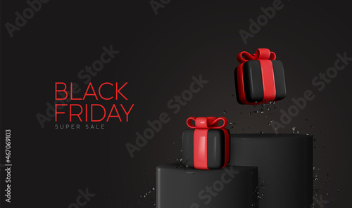 Black Friday sale. Round dark podiums, studio stands, realistic 3d gift boxes falling. Festive background, banner with present box, holiday web poster. Vector illustration
