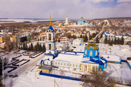 Aerial view of Orthodox Church of Assumption of Blessed Virgin Mary in small Russian town of Zadonsk  photo