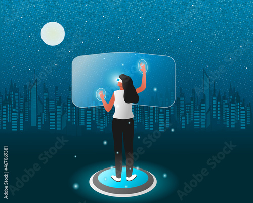 virtual world travel in metaverse. Life in the future world. look at the world through monitor.