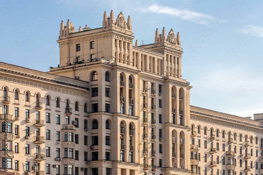 The faсade is a classic white stone building with  a wrought-iron balcony. Soviet architecture