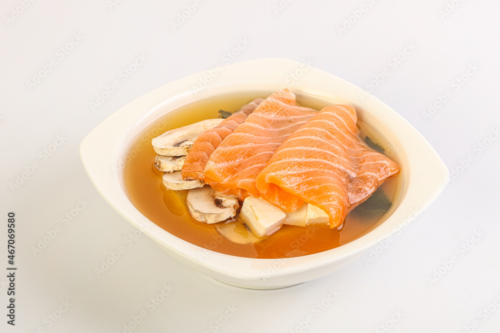 Japanese traditional miso soup with salmon Japanese traditional miso soup with salmon