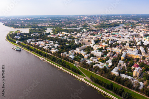 Aerial drone view of the historic part of the Yaroslavl city and river Volga, Yaroslavl Oblast, Russia