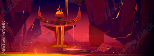 Fantasy landscape with ancient stone altar with devil horns and liquid magma flows in mountain cave. Vector cartoon illustration with rocks and tribal totem in hot lava lake