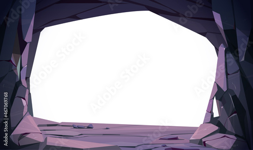 Stone cave entrance with empty white space inside. Vector template with cartoon stone frame. Illustration of stonewalls of tunnel in mountain, cavern or mine in rocks photo