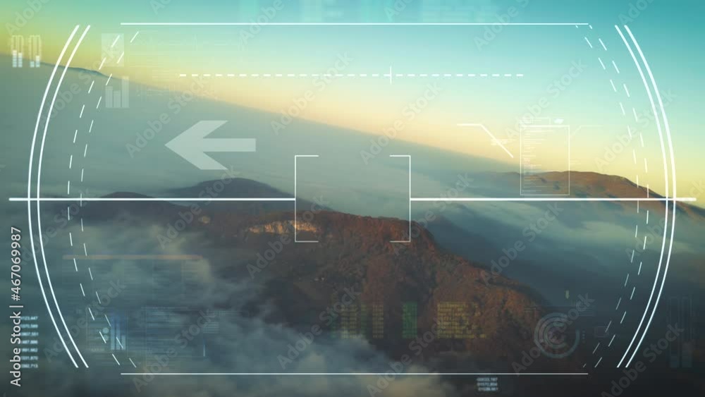 Airplane cockpit perspective HUD searches above mountain range clouds for runway. Digital navigation overlay, instruments, self-flying aircraft