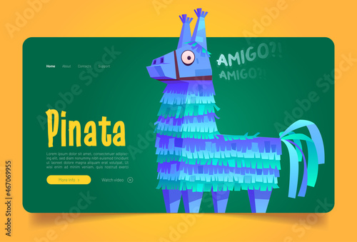 Pinata banner with cute toy from crepe paper for birthday party, mexican holiday and carnival. Vector landing page of traditional festival decoration with cartoon funny pinata in shape of blue donkey