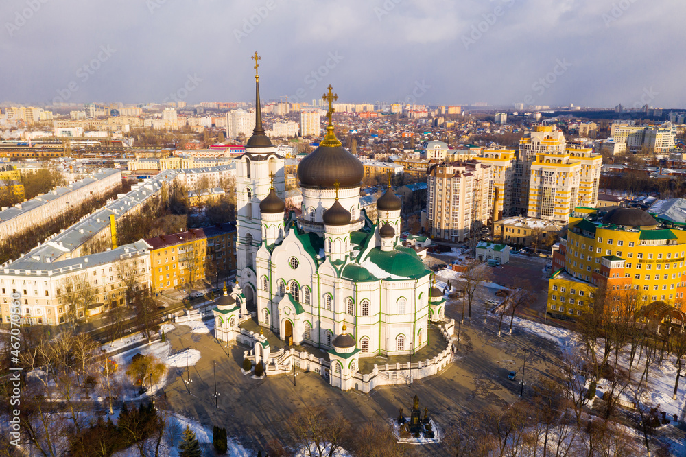 Aerial view of majestic building of Annunciation Cathedral, temple of Russian Orthodox Church in Voronezh on winter day