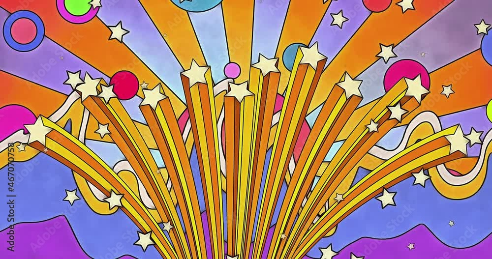 A 1960s or 1970s retro style animated sunburst with a fan of bursting stars in the foreground. Rotating planets and waves complete the scene. Created in a bright psychedelic ink and watercolor style.