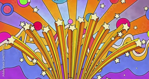 A 1960s or 1970s retro style animated sunburst with a fan of bursting stars in the foreground. Rotating planets and waves complete the scene. Created in a bright psychedelic ink and watercolor style. photo