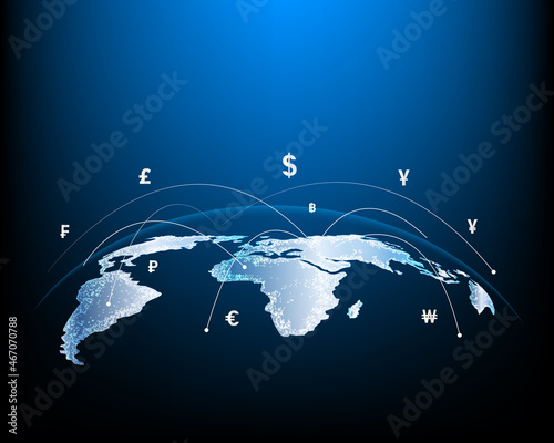 Currency network and money transfers and currency exchanges between countries of the world
