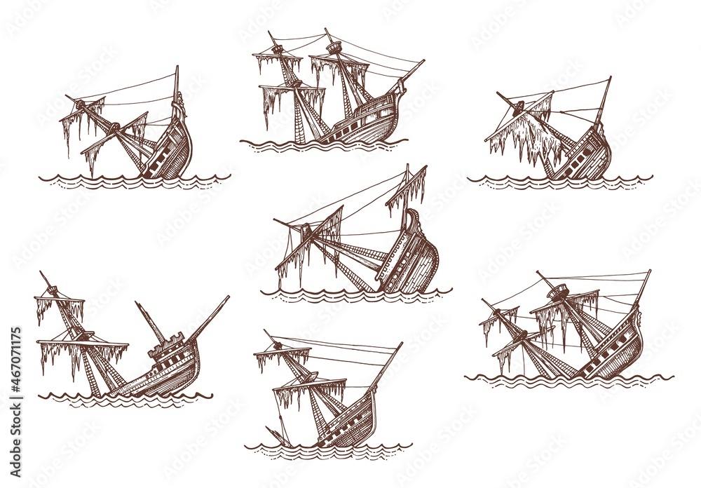 Sunken sailing brigantine, brig, corvette and frigate ship sketches, shipwreck vector vintage map elements. Isolated broken sailing ships or sailboats with sea waves, damaged sails and masts - obrazy, fototapety, plakaty 