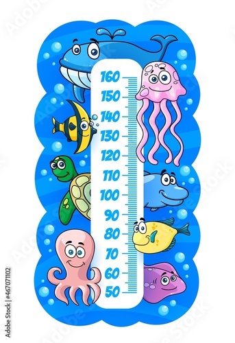 Kids height chart with underwater cartoon sea animals, vector growth measure. Kids height meter or baby tall scale with fishes in ocean water, jellyfish, octopus and smiling turtle with flounder