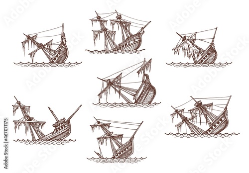 Fototapeta Sunken sailing brigantine, brig, corvette and frigate ship sketches, shipwreck vector vintage map elements