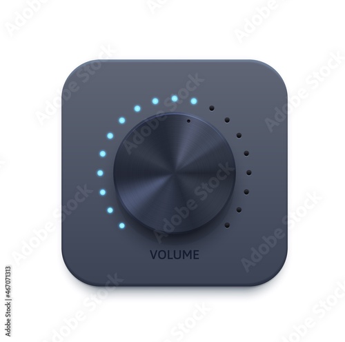 Music sound volume knob button vector icon. Metal audio control dial switch with blue light power level scale. Mobile or web app interface, ui or gui isolated 3d button with analog rotary knob photo
