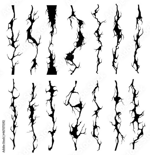 Seamless broken wall crack, cleft and crackle vector set. Broken or cracked texture of plaster or stone wall, dry soil, ground and marble surface with cracks, fissures and cracklets pattern