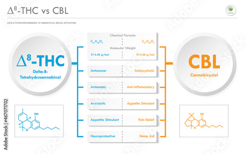 ∆8-THC vs CBL, Delta 8 Tetrahydrocannabinol vs Cannabicyclol horizontal business infographic