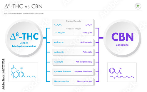 ∆8-THC vs CBN, Delta 8 Tetrahydrocannabinol vs Cannabinol horizontal business infographic